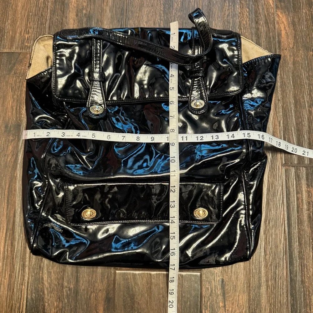 Barneys New York black glossy patent leather extra large tote bag carryall
